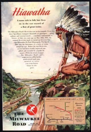 1945 Milwaukee Road Railroad Hiawatha Ad Fabulous Native American Indian Art