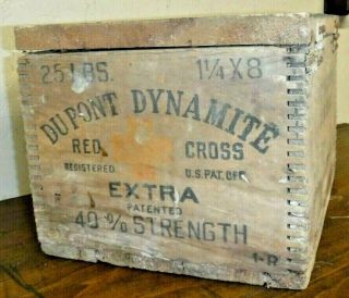 Antique Dupont Explosives Red Cross Extra Dynamite Dovetail Wood Box / Crate