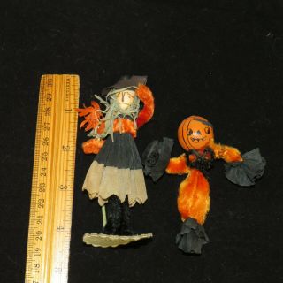 2 Vintage Handmade Chenille And Crepe Paper Halloween Party Favors Witch Pumpkin