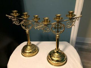 Set Of 2 Gorgeous Antique Catholic Church Altar Gold Brass Candelabras
