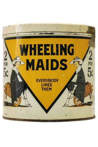 Rare 1910s " Wheeling Maids " Litho Round 50 Cigar Tin Is In
