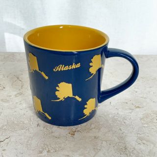 Alaska State Map Ceramic Coffee Mug Cobalt Blue With Yellow Interior And Maps