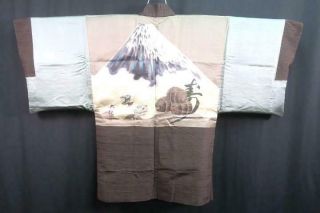 07v15382 Men Silk Vintage Japanese Kimono Haori Jacket Mt.  Fuji