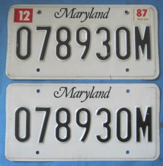 1987 Maryland License Plates Matched Pair