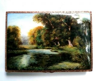 Antique 19th Century Hand Painted Guilloche Enamel Sterling Nature Scene Compact