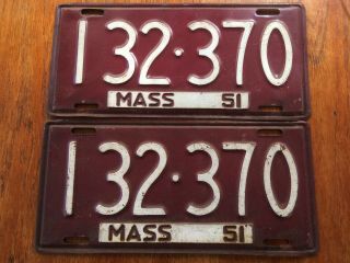Set Of 1951 Massachusetts 100 Vintage License Plate Tag 132 370 Mass