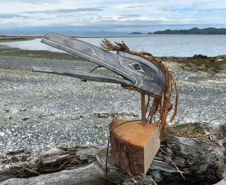 Pacific Northwest Coast Native Art - By Morris Johnny Raven Clapper On Stand