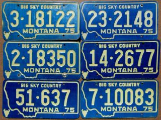 6 1975 Montana Plates From 6 Counties W/indented Lettering - Group