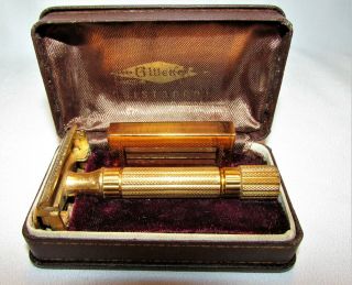 Vintage 1946 - 47 Gillette Aristocrat Gold Razor In Case W/ Blade Box