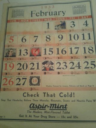 Rare 1933 Dr.  Miles Nervine Quack Medicine Calendar/alka - Seltzer Advertisements