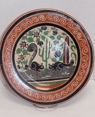 Vntg Mexican Pottery Petatillo Plate Bernabe Style,  Rare Black Squirrels 11.  5 "