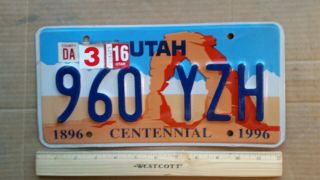 License Plate,  Utah,  1896 - 1996 Centennial,  960 Yzh,  Gr8 Graphics Arches Natl Pk