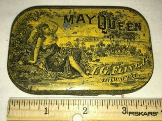 Antique May Queen Milwaukee Wi Tin Litho Flat Pocket Tobacco Can Country Store