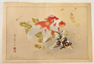 Japanese Unmounted Tsuchiya Rakuzan Woodblock Print Goldfish Fish Watermark