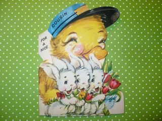 Vtg Gibson Easter Duck W/hat Tulips Inside Bunnies Card Minty