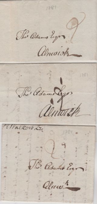 1781 3 X Letters By James Walker With Berwick Cancels Sent To Adams In Alnwick