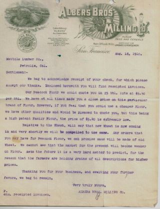 1910 Letter Albers Bros Milling Co.  Flour,  Feeds & Cereals San Francisco,  Cal.