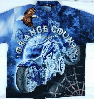 Orange County Choppers Motorcycles Mens Graphic Poly Button Down Shirt Sz Xl