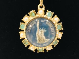 Vintage Statue Of Liberty Pendant Necklace Faux Seed Pearl And Rhinestone 18 In