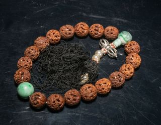 Chinese Antique/vintage Carved Seeds And Jadeite Prayer Beads