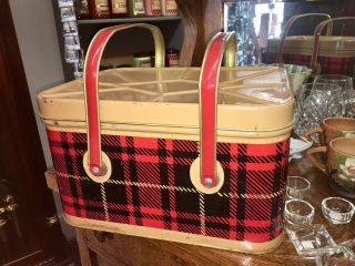 Vintage Picnic Lunch Nesco Basket Metal Tin Red Black Scotch Plaid With Handles