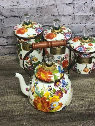 Mackenzie Childs Flower Market Canisters And Teapot Floral Set Of 4 Matching Euc