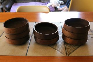 Set Of 8 Turned - Wood Teak Bowls Made In Denmark - Mid Century Modern