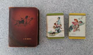 Vintage Leather Playing Card Case,  2 Vintage Rare Norman Rockwell Decks
