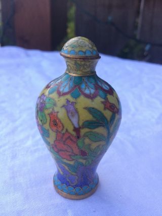 Enamel Cloisonne Snuff Bottle Yellow With Birds And Flowers 3 " Tall