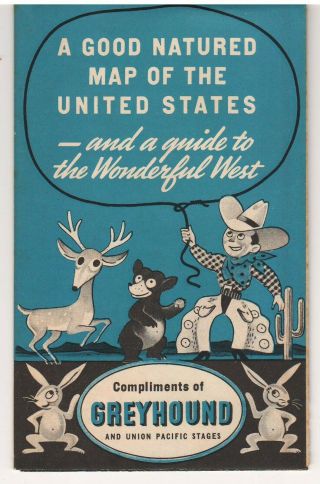 Ca 1939 Greyhound Bus Lines Brochure,  Illustrated State Attractions Map