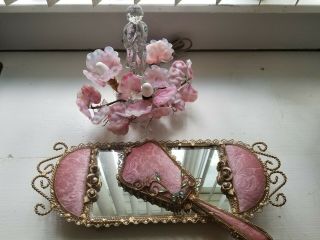 Rare.  Vintage French Pink Velvet & Gold Ormalu Vanity Tray Mirror