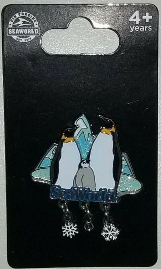 Seaworld Pin Sparkly Penguin Family W Snowflake Dangles Sea World On Card