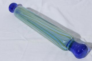 Vintage Hand Blown Art Glass Rolling Pin Blue Swirl