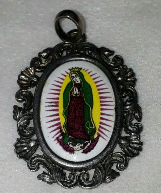 Vtg Religion Guadalupe Virgen Spain Enamel Sterling Pendant 26 Mm