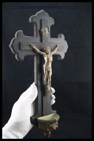 † Large 19th French Silverplated Copper Crucifix Holy Water Font Black Wood †