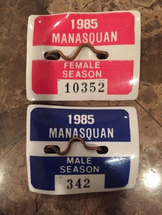 Vintage 1985 Manasquan Nj Male & Female Beach Badge Season Set - Jersey Shore