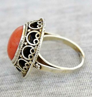 Judaica Vintage Coral Filigree Gilt Silver Sterling Yemenite Wedding Ring Size 8