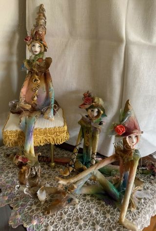 3 Piece Ooak Magical Garden Fairies/ Fairy Sculpture,  Bench Lori Hlavsa