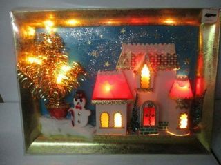 Vintage Lighted Christmas Scene Plaque - House Snowman Tree