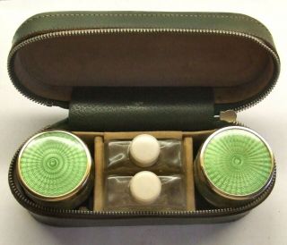 Art Deco Vanity Grooming Guilloche Creme Pots Perfume Bottle Set In Leather Case