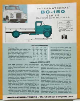 1959 International Harvester Truck Model Bc 150 Specification Sheet