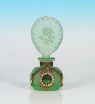 Czech Art Deco Miniature Perfume Bottle Intaglio Cut Stopper Jewel Ormolu Mount