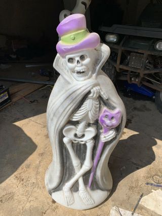 Halloween Skeleton W/ Top Hat Cat & Cape Blow Mold Light Yard Decoration Display