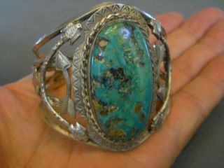 Old Turquoise Sterling Silver Bracelet 2 1/4 " Tall 68 Grams