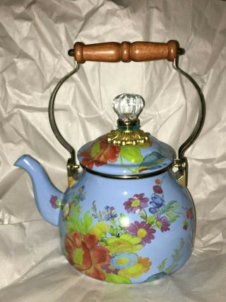 Mackenzie Childs Tea Pot 5pc.  Set 4 Mugs Enameled Flower Market