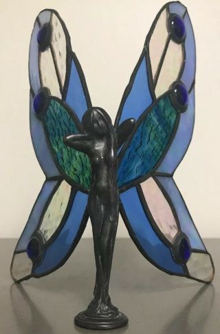 Vtg Pewter Fairy Butterfly Stained Glass Blue Wings Art Deco Mystical Nude