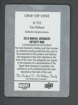 2018 UD Marvel Avengers Infinity War Infinite Plate AUTO Tom Holland 1/1 2