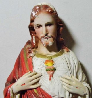 Fine Old Irish Catholic Chalkware Sacred Heart Of Jesus Christ Holy Statue 16in
