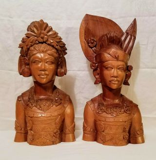 Two (2) Finely Carved Man & Woman Wood Busts - Djanger Dancers - Bali Sculpt 15 "