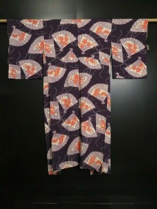 0726s09z560 Vintage Japanese Kimono Silk Juban Grape - Gray Folding Fan